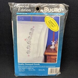 Bucilla 1990 Special Edition Pillow Case Pair Hearts & Tulips Embroidery 63211